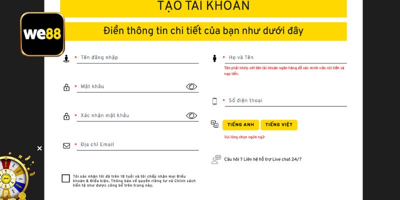 Câu hỏi thường gặp We88 về đăng ký tài khoản
